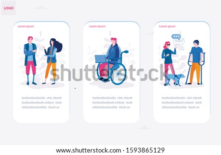 Disabled people work together in the office, world disability day, Template for mobile app page, handicapped persons. Vector illustration for web banner, infographics, mobile