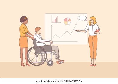 Disabled people working in office, meeting, negotiations concept. Businessman on wheelchair and young business woman office workers having meeting and discussing corporate project together I