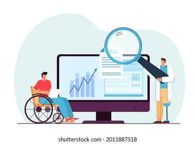 Disabled people working online flat vector illustration. Men with prostheses and in wheelchair doing research with giant magnifying glass. Opportunities, disability, job, technology, analysis concept