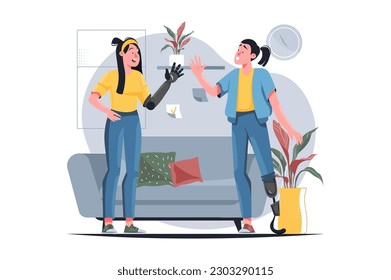 Disabled people yellow concept with people scene in the flat cartoon design. Two girls with disabilities have fun together. Vector illustration.