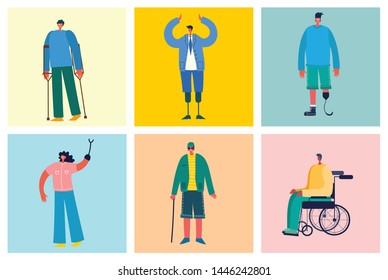 Disabled people, young invalid persons, men and women with physical disorder or impairment. Flat cartoon characters.