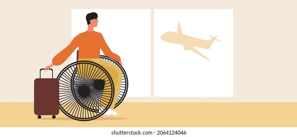 Disabled person at the airport. Flat vector stock illustration. A disabled person is waiting for a flight. Person in wheelchair with luggage. Inclusive airport. Airport interior. Vector graphics