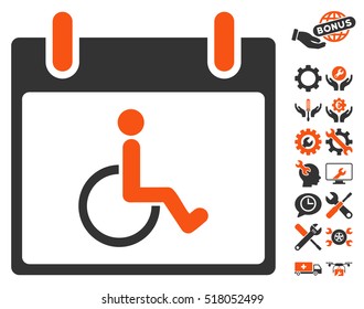 Disabled Person Calendar Day icon with bonus settings graphic icons. Vector illustration style is flat iconic symbols, orange and gray, white background.