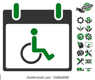 Disabled Person Calendar Day icon with bonus settings pictures. Vector illustration style is flat iconic symbols, green and gray, white background.
