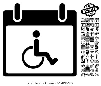 Disabled Person Calendar Day icon with bonus calendar and time management pictograms. Vector illustration style is flat iconic symbols, black, white background.