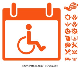 Disabled Person Calendar Day pictograph with bonus configuration clip art. Vector illustration style is flat iconic symbols, orange, white background.
