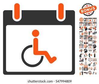 Disabled Person Calendar Day pictograph with bonus calendar and time management graphic icons. Vector illustration style is flat iconic symbols, orange and gray, white background.