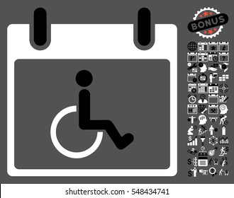 Disabled Person Calendar Day pictograph with bonus calendar and time management clip art. Vector illustration style is flat iconic symbols, black and white, gray background.