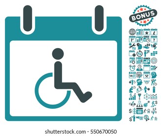Disabled Person Calendar Day pictograph with bonus calendar and time management symbols. Vector illustration style is flat iconic symbols, soft blue, white background.