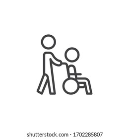 Disabled person care line icon. linear style sign for mobile concept and web design. Volunteer and handicapped person outline vector icon. Symbol, logo illustration. Vector graphics