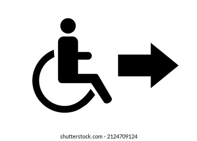 Disabled person in a chair and pointing arrow, black sign on a white background, vector illustration