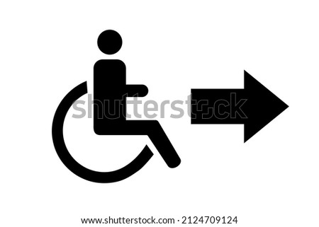 Disabled person in a chair and pointing arrow, black sign on a white background, vector illustration