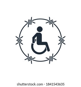 A disabled person in a closed social space. Limitation of opportunities. Vector icon isolated on white background.