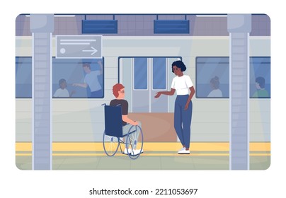 Persona incapacitada que cambia a la ilustración aislada del vector 2D. Ofreciendo apoyo a personajes planos sobre el fondo de las caricaturas. Colorida escena editable de la estación del metro para móviles, sitio web, presentación