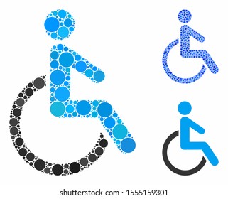 Disabled person composition of circle elements in various sizes and color tints, based on disabled person icon. Vector round elements are united into blue composition.