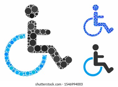 Disabled person composition of round dots in different sizes and shades, based on disabled person icon. Vector round elements are united into blue composition.