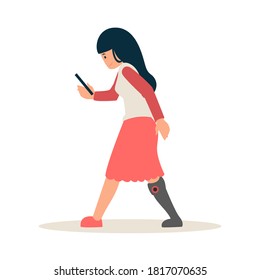 Disabled person with disability wearing a prosthesis. A girl with one leg is walking with prosthesis leg. Women with disabilities cartoon characters.  Flat illustration.