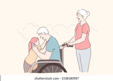 Disabled person, family care concept. Disabled aged man in wheelchair walking with family in park, happy granddaughter hugging handicapped grandfather, nursing and assistance. Simple flat vector