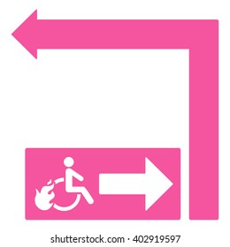 Disabled Person Fire Exit Turn Left vector illustration. Style is pink flat symbols on a white background.