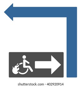 Disabled Person Fire Exit Turn Left vector illustration. Style is bicolor cobalt and gray flat symbols on a white background.