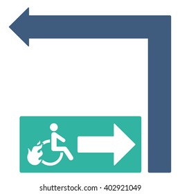 Disabled Person Fire Exit Turn Left vector illustration. Style is bicolor cobalt and cyan flat symbols on a white background.