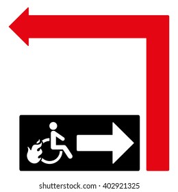 Disabled Person Fire Exit Turn Left vector illustration. Style is bicolor intensive red and black flat symbols on a white background.