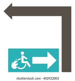 Disabled Person Fire Exit Turn Left vector illustration. Style is bicolor grey and cyan flat symbols on a white background.