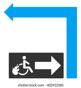 Disabled Person Fire Exit Turn Left vector illustration. Style is bicolor blue and gray flat symbols on a white background.