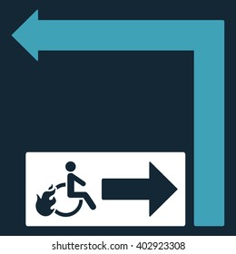 Disabled Person Fire Exit Turn Left vector illustration. Style is bicolor blue and white flat symbols on a dark blue background.
