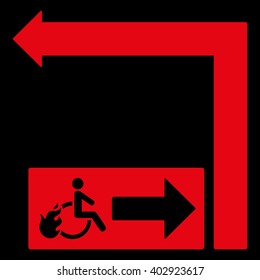 Disabled Person Fire Exit Turn Left vector illustration. Style is red flat symbols on a black background.
