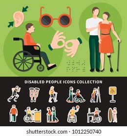 Disabled person flat and colored composition with disabled people icons collection description vector illustration