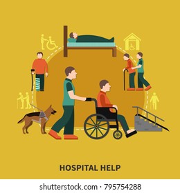 Disabled person flat composition with hospital help headline and assistants for people with disabilities vector illustration