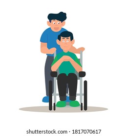Disabled person and friend helping push wheelchair. World Disability Day. Disabled invalid patient sitting in wheelchair, colorful vector illustration. Flat cartoon character person.