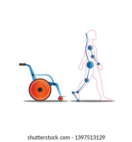 Disabled person getting out of a wheelchair using an exoskeleton concept vector illustration, medical servo technology for people with disabilities for a full life