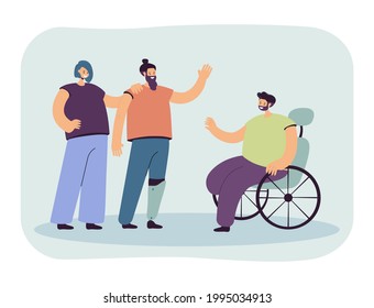 Disabled person greeting man in wheelchair. Character with artificial leg, handicapped people flat vector illustration. Communication, disability, lifestyle concept for banner, website design