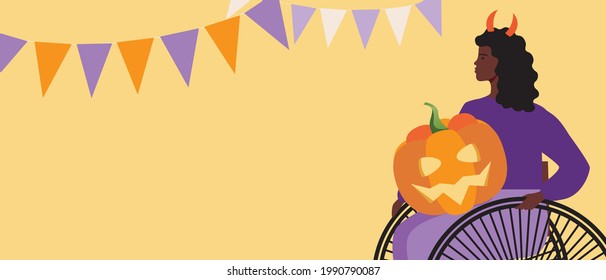 Disabled person for halloween, copy space template. Flat vector stock illustration. Halloween pumpkin face. Inclusive party for the disabled. Inclusive person with a pumpkin. Place for text