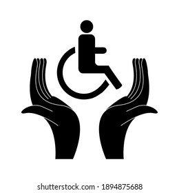 Disabled person and hands protecting him, black on white background, sign for design, vector illustration