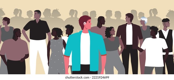 Disabled person with hearing aid against group of people or crowd, flat vector stock illustration with problem of social isolation