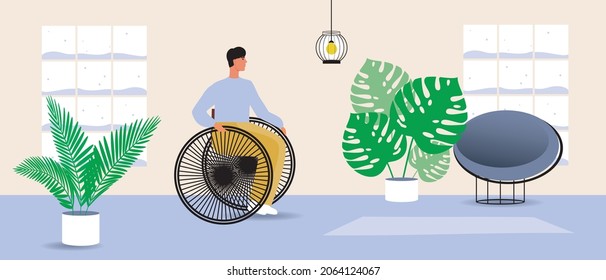 Disabled person at home, hygge interior. Flat vector stock illustration. Winter interior. Disabled person in a wheelchair. Inclusive person's room. Houseplants. Vector graphics