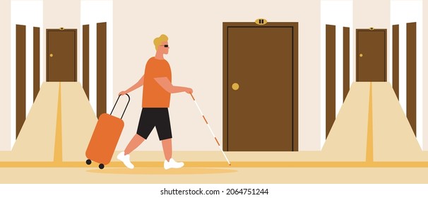 Disabled person at the hotel, inclusive service for the blind. Flat vector stock illustration. Check in at a hostel or dorm. Visually impaired person with a suitcase. Blind man with a cane