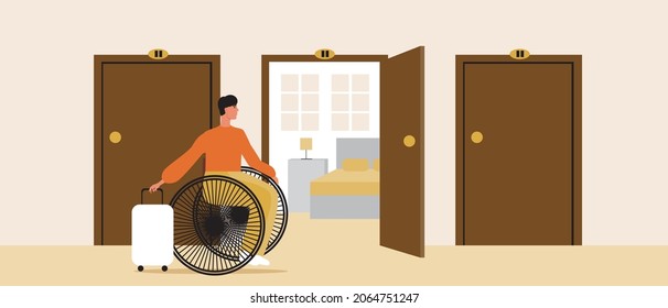 Disabled person at the hotel, inclusive service. Flat vector stock illustration. Check in at a hostel or dorm. Person in a wheelchair in a suitcase. Hotel room interior. Vector graphics