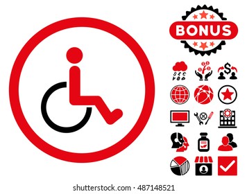 Disabled Person icon with bonus elements. Vector illustration style is flat iconic bicolor symbols, intensive red and black colors, white background.