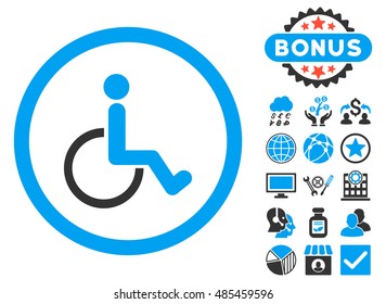 Disabled Person icon with bonus images. Vector illustration style is flat iconic bicolor symbols, blue and gray colors, white background.