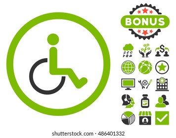 Disabled Person icon with bonus pictogram. Vector illustration style is flat iconic bicolor symbols, eco green and gray colors, white background.