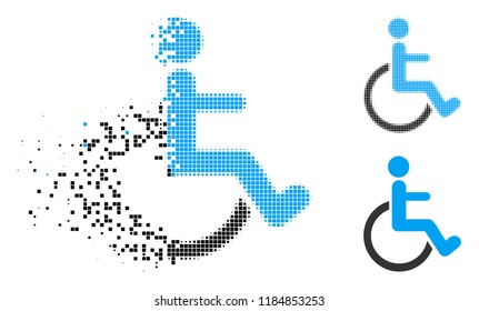 Disabled person icon in dispersed, pixelated halftone and entire versions. Particles are composed into vector dispersed disabled person icon. Disappearing effect uses square dots.