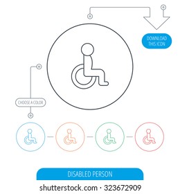 Disabled person icon. Human on wheelchair sign. Patient transportation symbol. Line circle buttons. Download arrow symbol. Vector