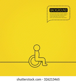 Disabled person icon. Human on wheelchair sign. Patient transportation symbol. Speech bubble of dotted line. Orange background. Vector