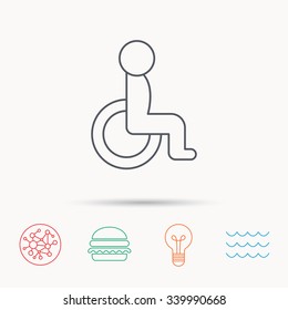 Disabled person icon. Human on wheelchair sign. Patient transportation symbol. Global connect network, ocean wave and burger icons. Lightbulb lamp symbol.