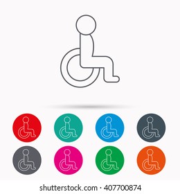 Disabled person icon. Human on wheelchair sign. Patient transportation symbol. Linear icons in circles on white background.