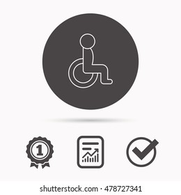 Disabled person icon. Human on wheelchair sign. Patient transportation symbol. Report document, winner award and tick. Round circle button with icon. Vector